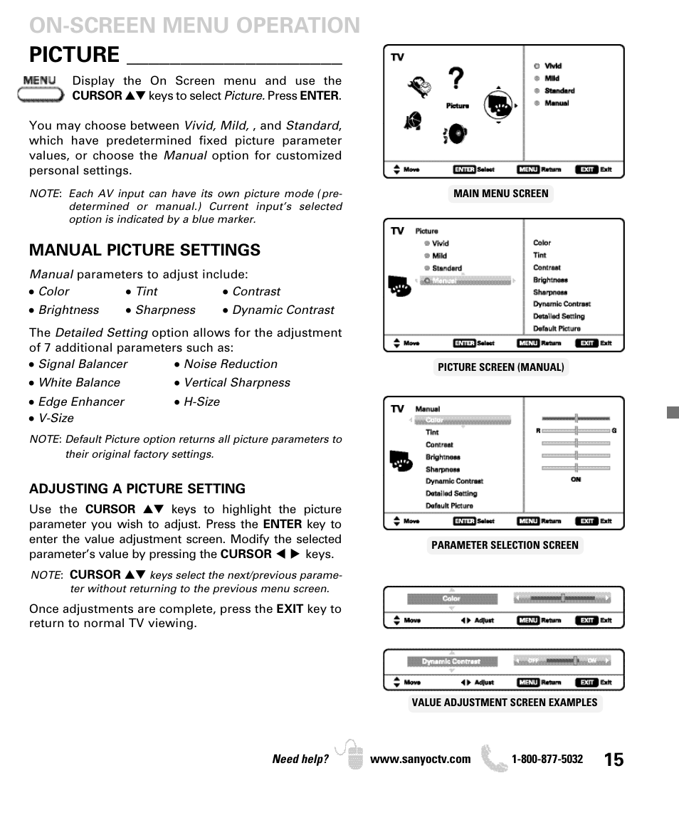 Manual picture settings | Sanyo DP50740 User Manual | Page 15 / 56