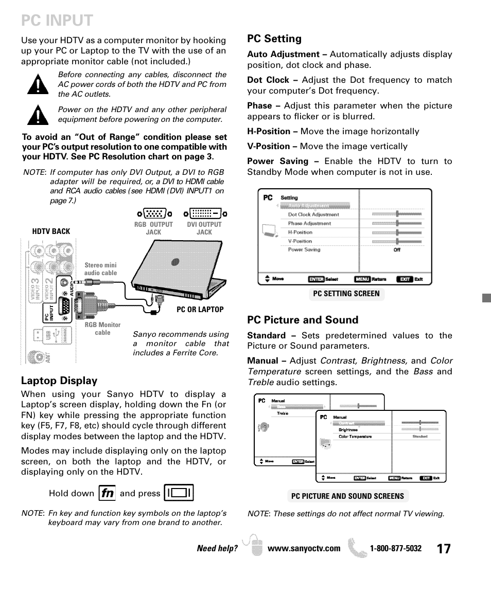 Pc input, Pc setting, Pc picture and sound | Laptop display | Sanyo DP50740 User Manual | Page 17 / 56