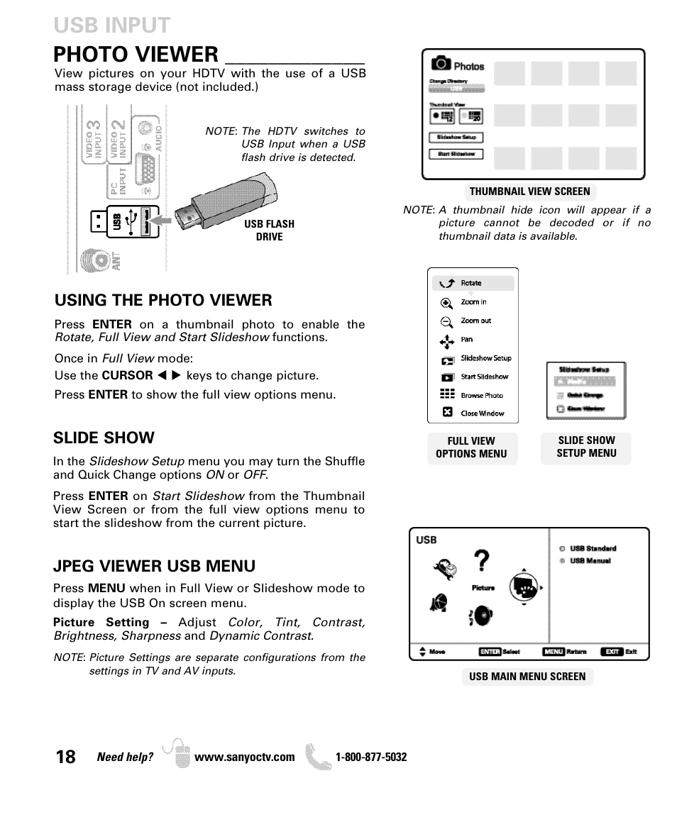Photo viewer, Usb input, Using the photo viewer | Slide show, Jpeg viewer usb menu | Sanyo DP50740 User Manual | Page 18 / 56
