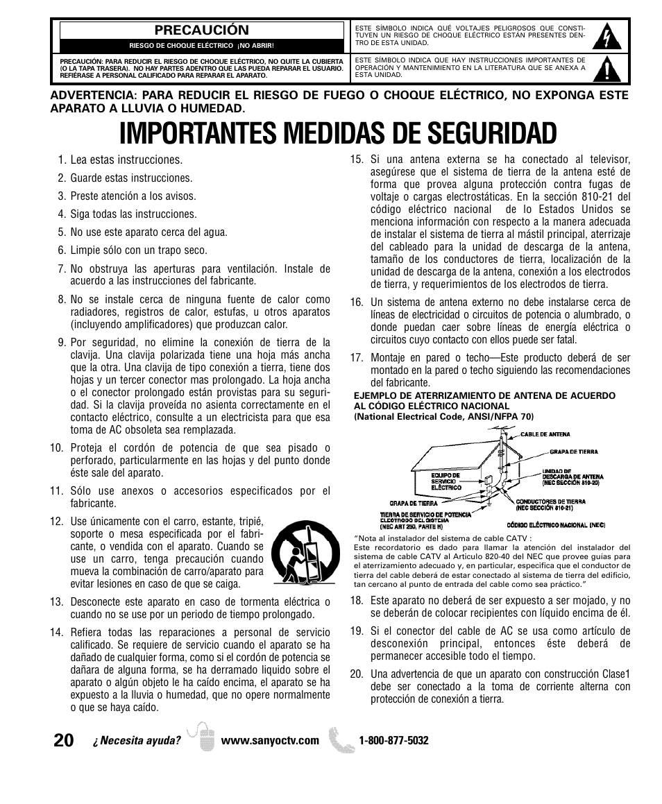 Importantes medidas de seguridad | Sanyo DP50740 User Manual | Page 20 / 56