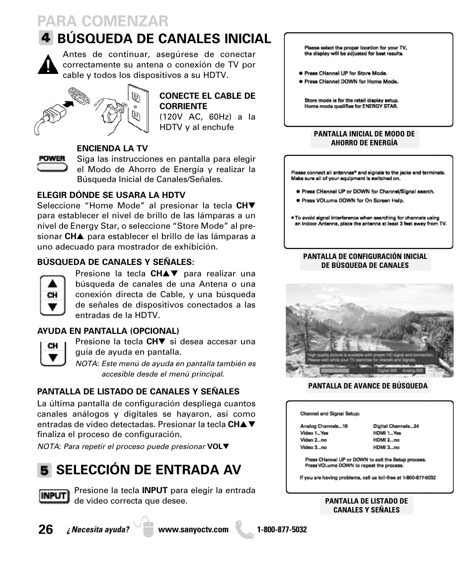 Para comenzar, Búsqueda de canales inicial, Selección de entrada av | Sanyo DP50740 User Manual | Page 26 / 56