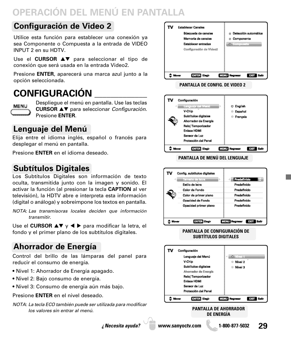 Operación del menú en pantalla, Configuración, Lenguaje del menú subtítulos digitales | Ahorrador de energía, Configuración de video 2 | Sanyo DP50740 User Manual | Page 29 / 56