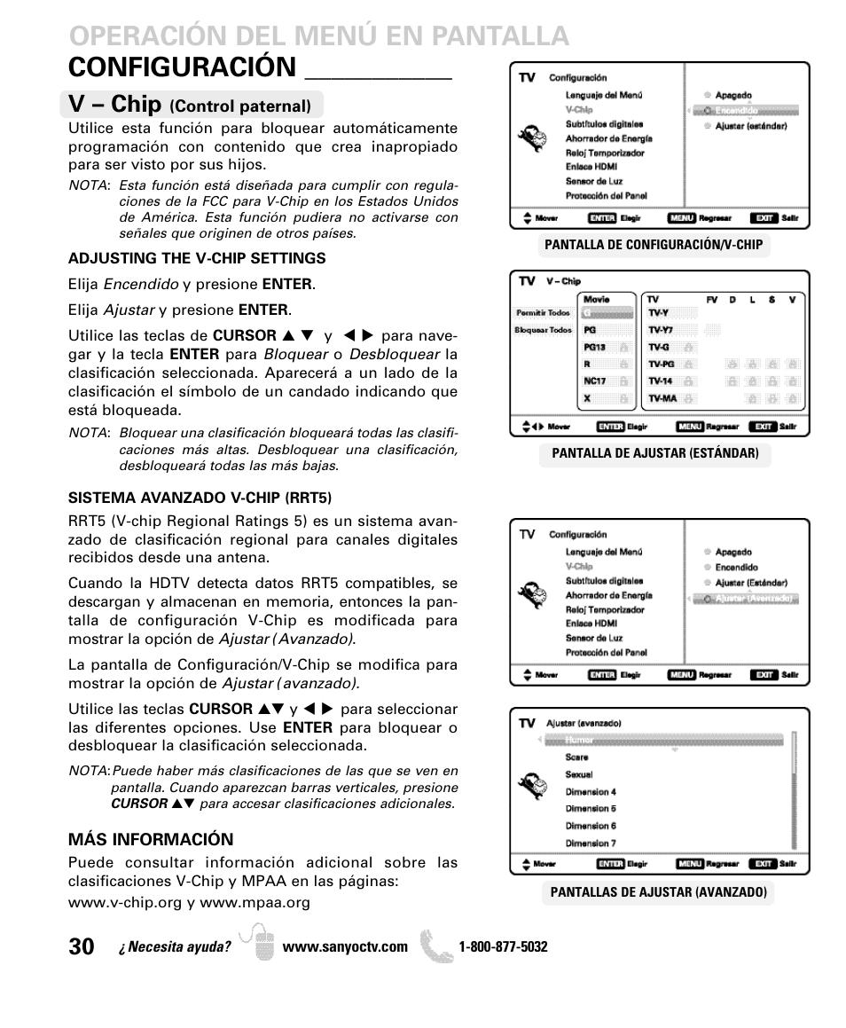 Configuración, Operación del menú en pantalla, V – chip | Sanyo DP50740 User Manual | Page 30 / 56