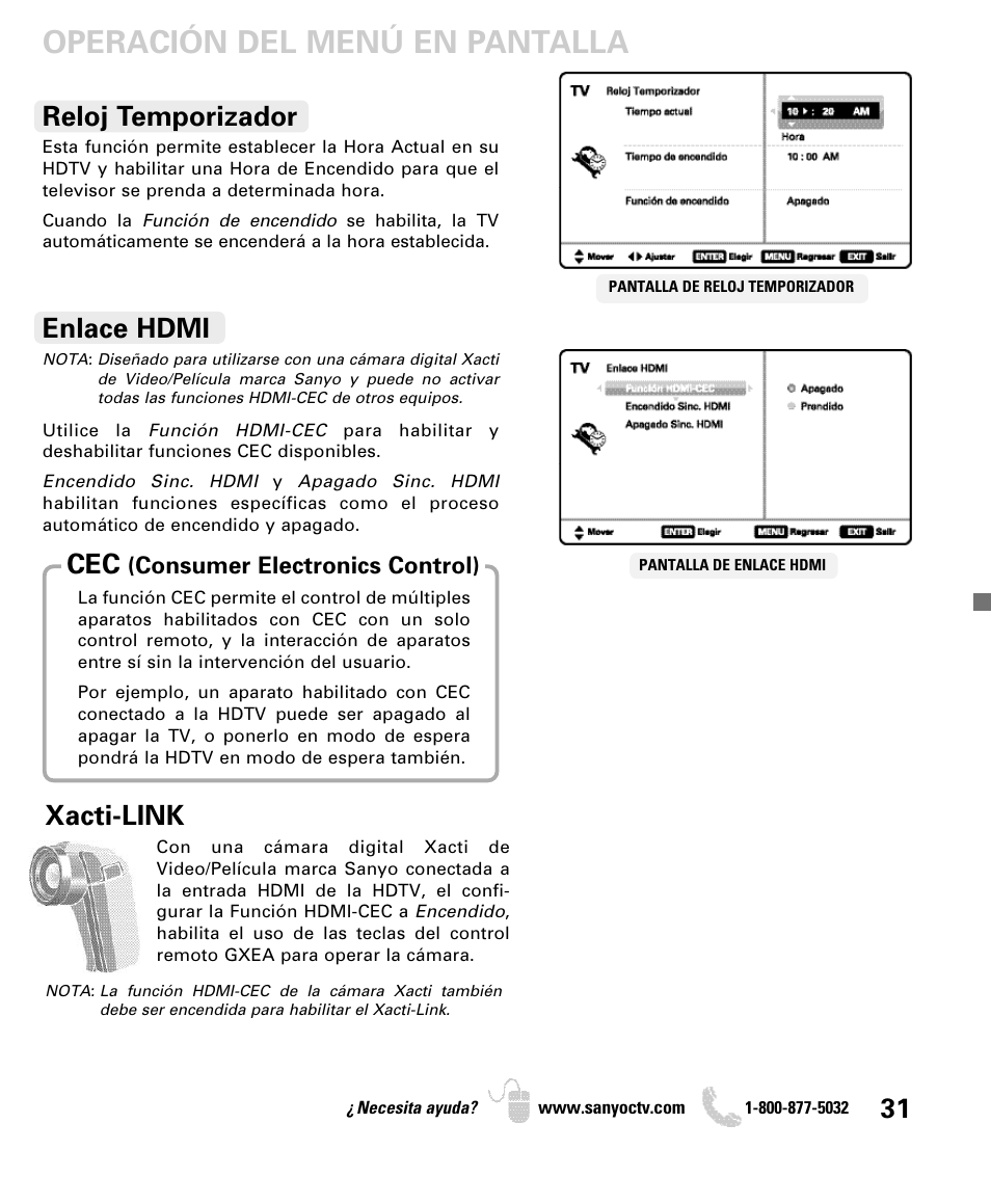 Operación del menú en pantalla, Reloj temporizador, Enlace hdmi | Xacti-link | Sanyo DP50740 User Manual | Page 31 / 56