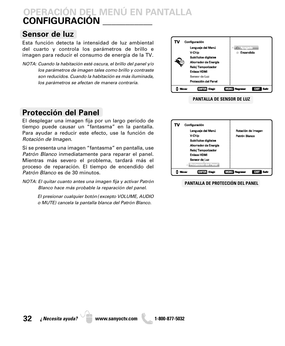 Configuración, Operación del menú en pantalla, Sensor de luz | Protección del panel | Sanyo DP50740 User Manual | Page 32 / 56