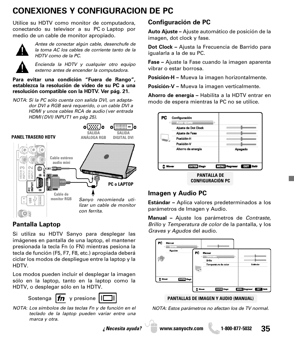 Conexiones y configuracion de pc, Configuración de pc, Imagen y audio pc | Pantalla laptop | Sanyo DP50740 User Manual | Page 35 / 56