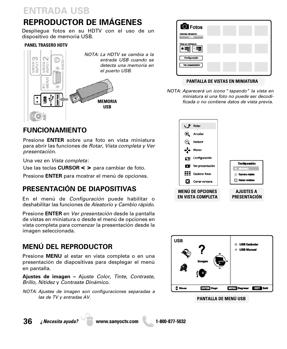 Entrada usb, Reproductor de imágenes, Funcionamiento | Presentación de diapositivas, Menú del reproductor | Sanyo DP50740 User Manual | Page 36 / 56