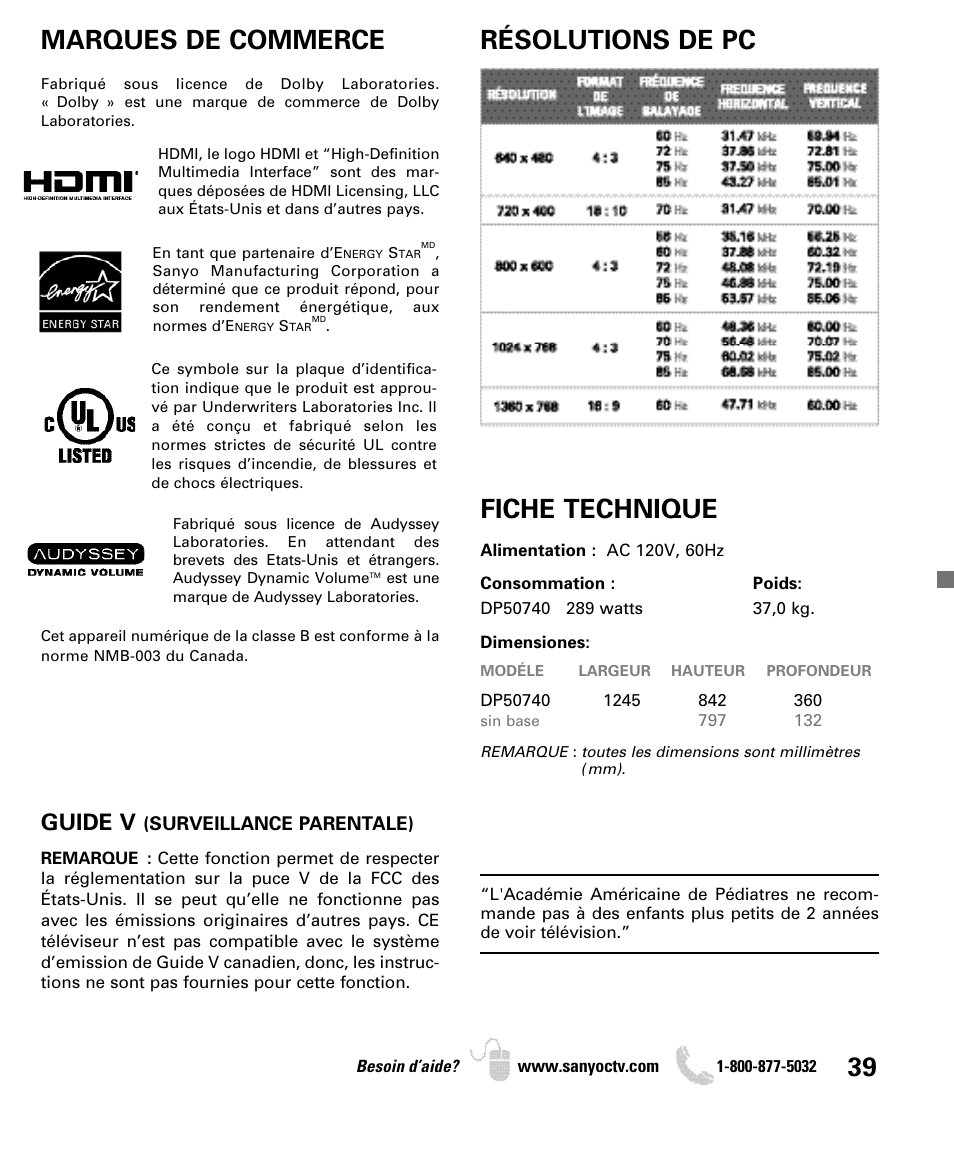 Guide v | Sanyo DP50740 User Manual | Page 39 / 56