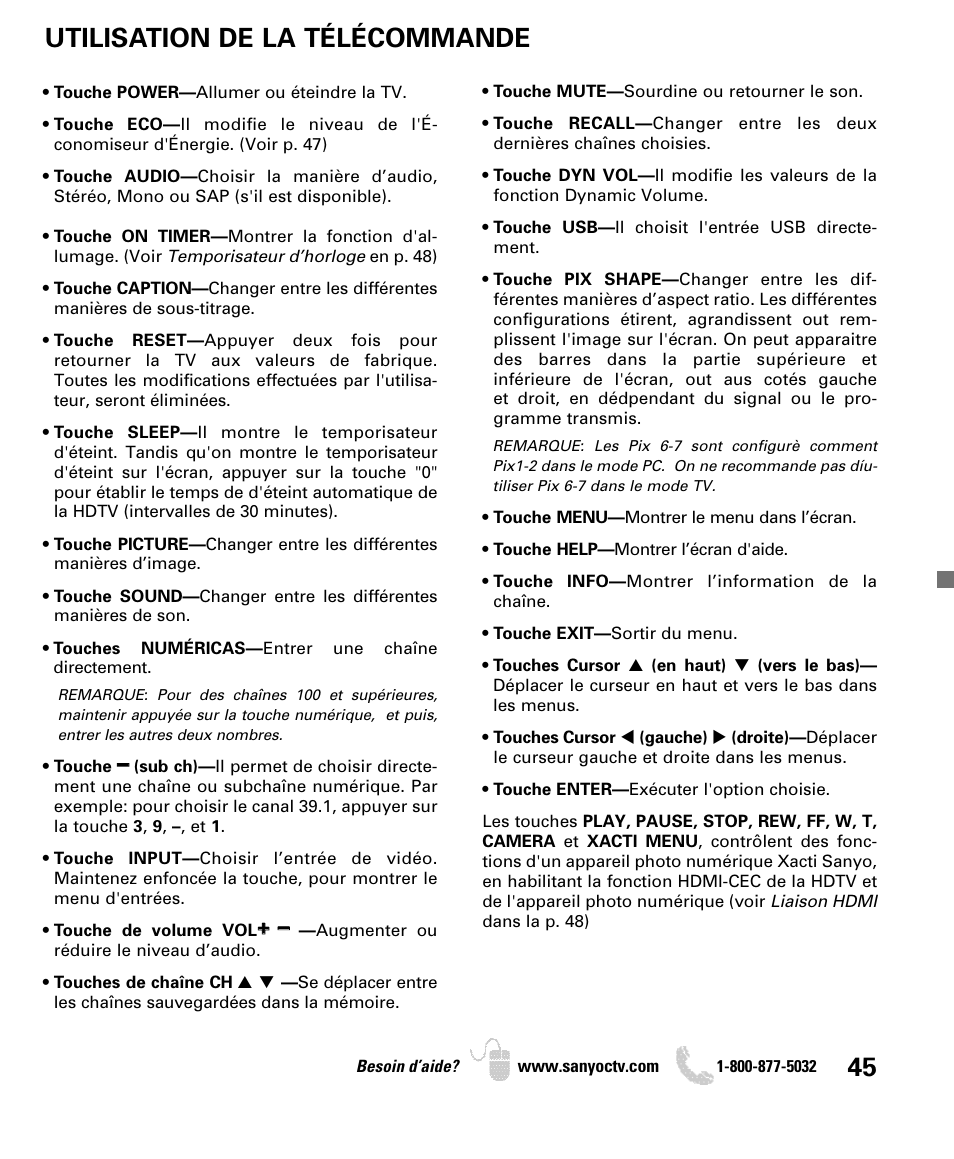 Utilisation de la télécommande | Sanyo DP50740 User Manual | Page 45 / 56