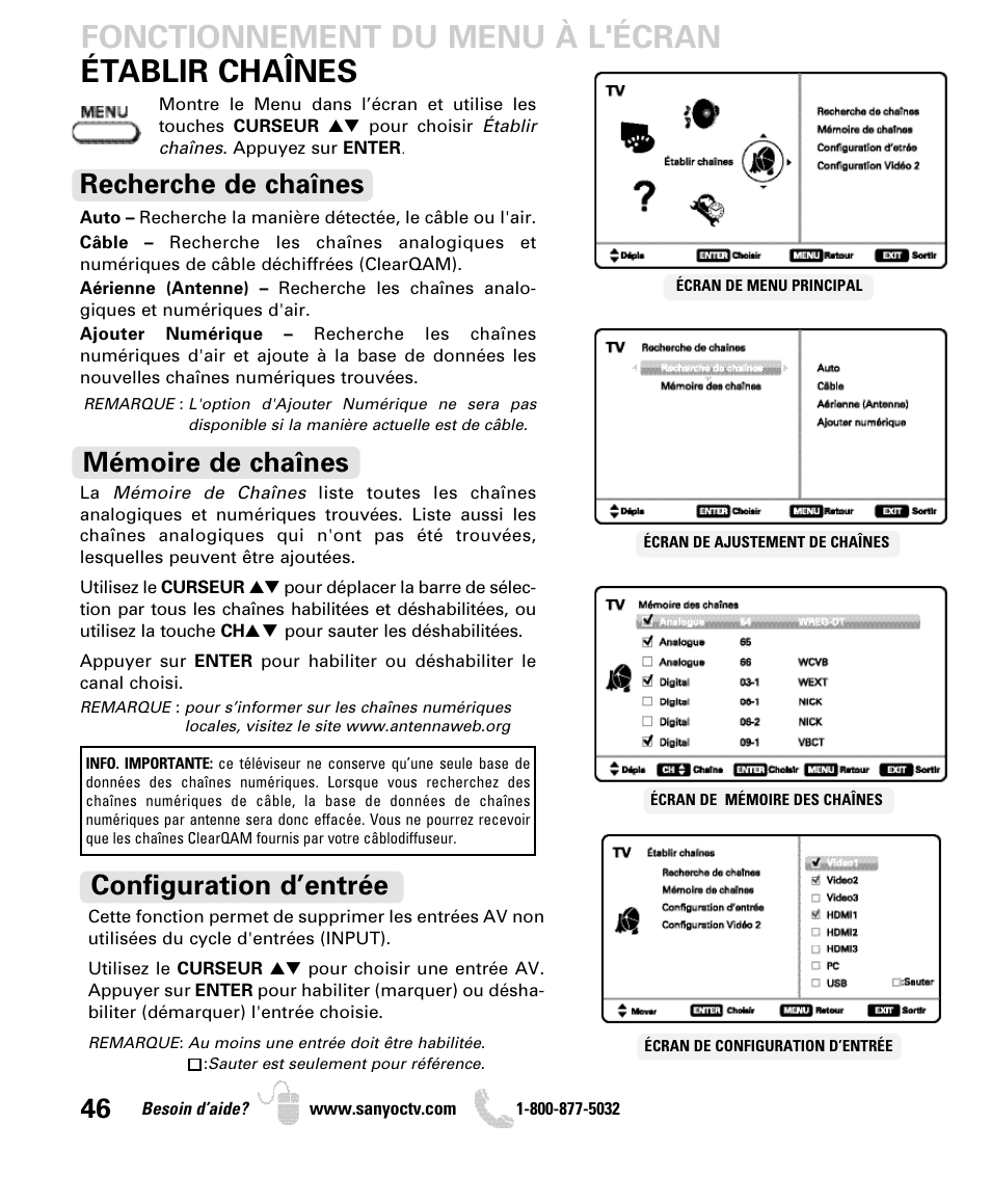 Établir chaînes fonctionnement du menu à l'écran, Recherche de chaînes, Mémoire de chaînes | Configuration d’entrée | Sanyo DP50740 User Manual | Page 46 / 56