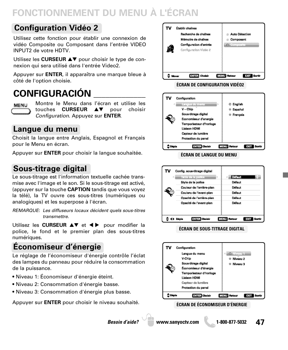 Fonctionnement du menu à l'écran, Configuración, Langue du menu sous-titrage digital | Économiseur d’énergie, Configuration vidéo 2 | Sanyo DP50740 User Manual | Page 47 / 56