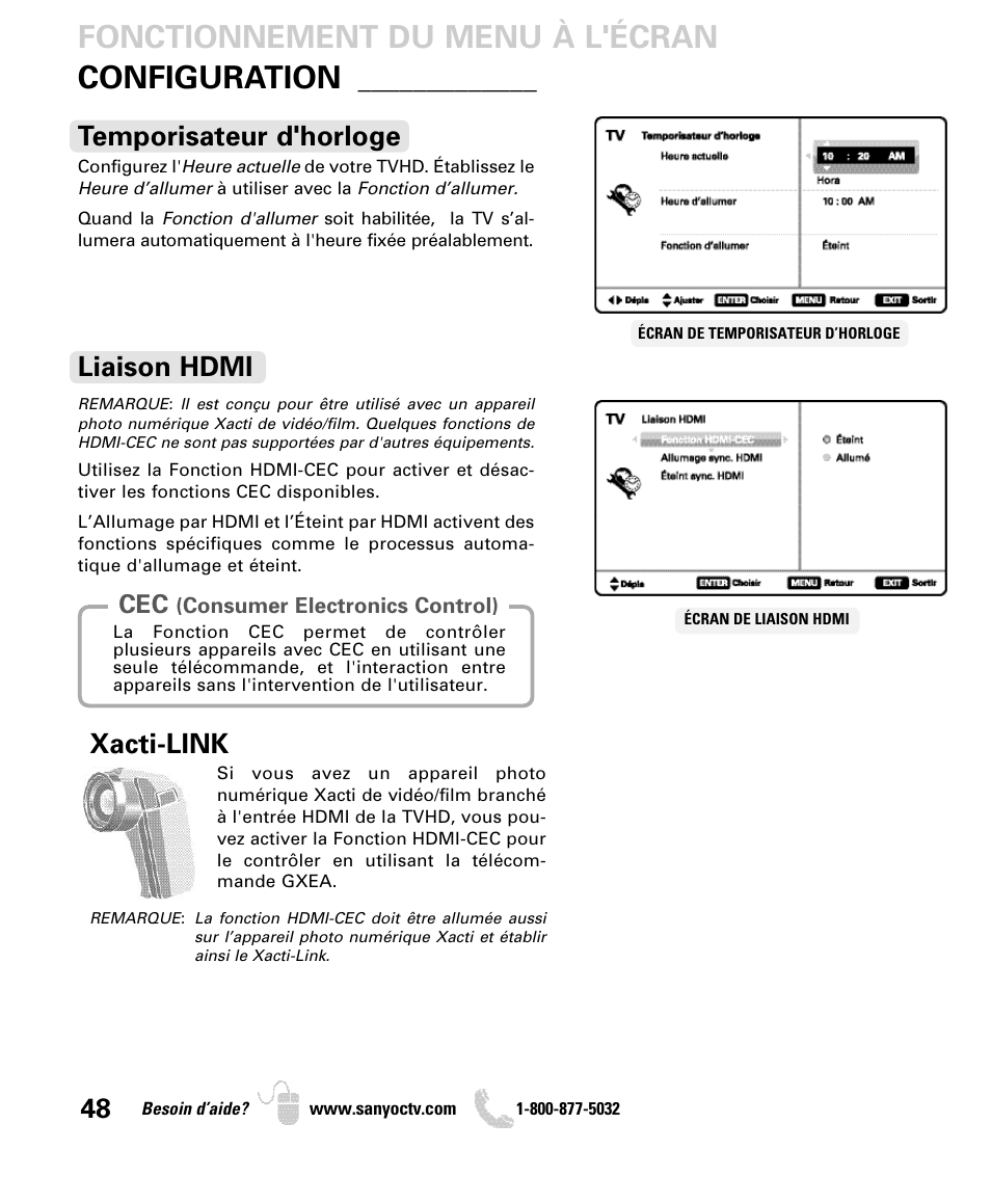 Fonctionnement du menu à l'écran configuration, Temporisateur d'horloge, Xacti-link | Liaison hdmi | Sanyo DP50740 User Manual | Page 48 / 56