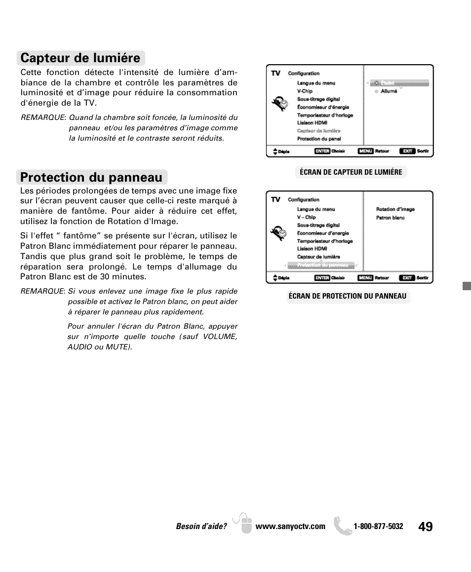 Capteur de lumiére, Protection du panneau | Sanyo DP50740 User Manual | Page 49 / 56