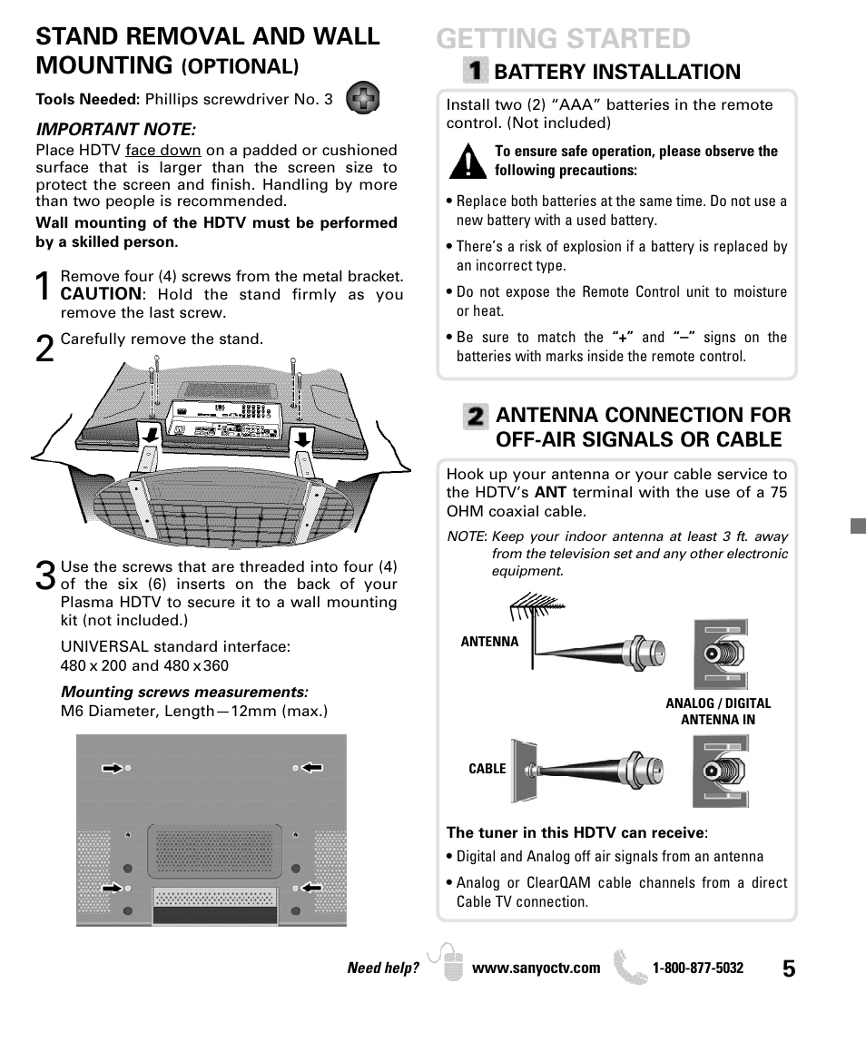Getting started, Stand removal and wall mounting | Sanyo DP50740 User Manual | Page 5 / 56