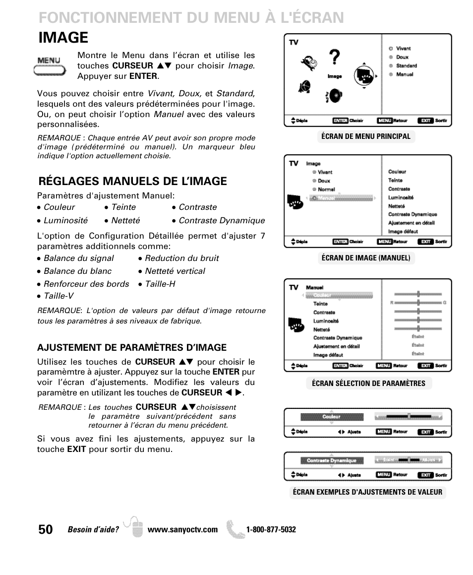Image fonctionnement du menu à l'écran, Réglages manuels de l’image | Sanyo DP50740 User Manual | Page 50 / 56