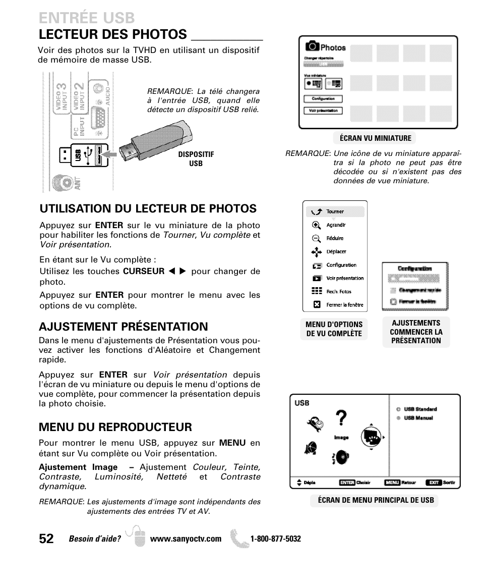 Entrée usb, Lecteur des photos, Utilisation du lecteur de photos | Ajustement présentation, Menu du reproducteur | Sanyo DP50740 User Manual | Page 52 / 56