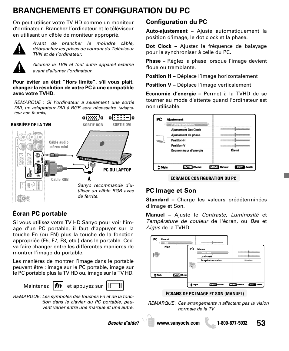 Branchements et configuration du pc, Configuration du pc, Pc image et son | Écran pc portable | Sanyo DP50740 User Manual | Page 53 / 56