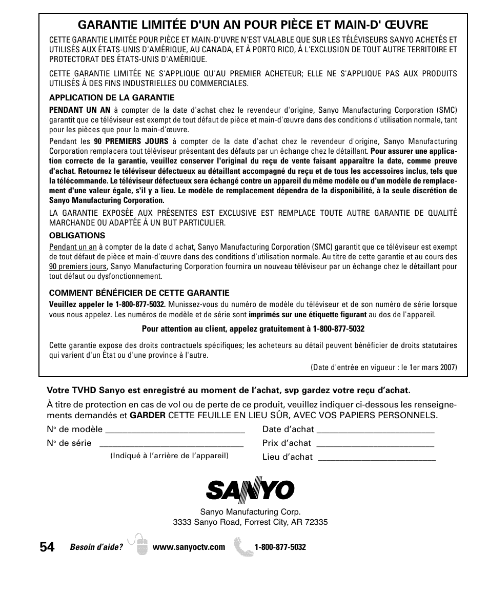 Sanyo DP50740 User Manual | Page 54 / 56
