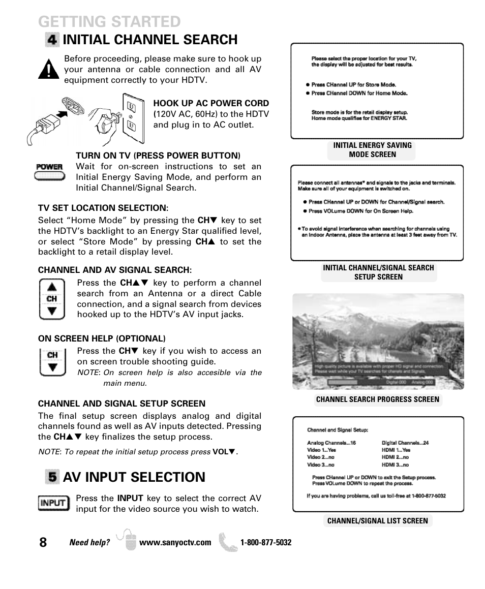 Getting started, Initial channel search, Av input selection | Sanyo DP50740 User Manual | Page 8 / 56