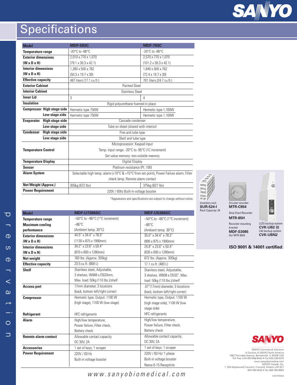 Specifications, Mdf-u7386s, Dimensions | Performance data options, Features | Sanyo MDF-793C User Manual | Page 4 / 4