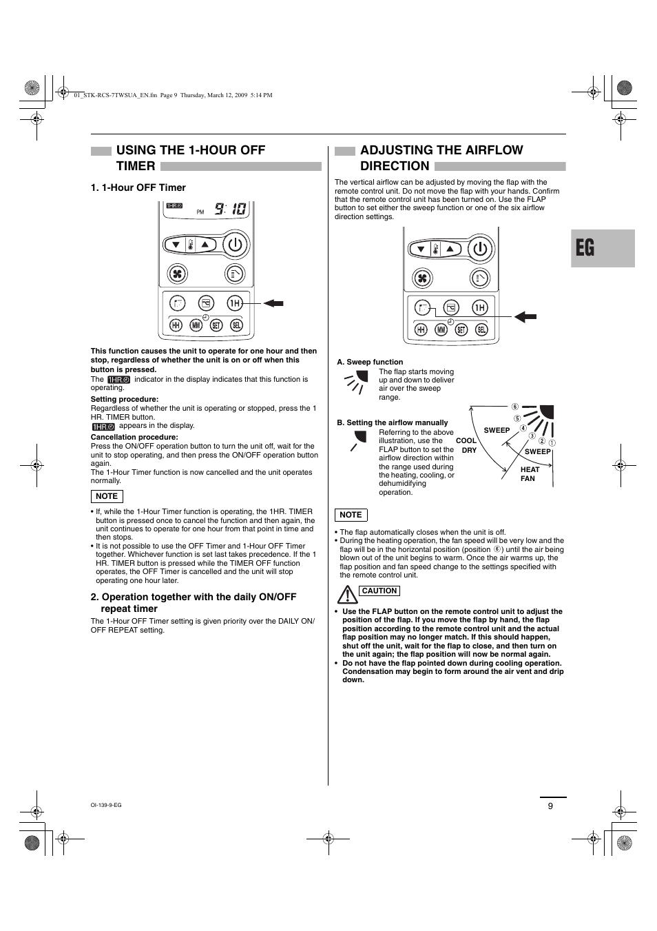 Using the 1-hour off timer, Adjusting the airflow direction | Sanyo STK-RCS-7TWSUA User Manual | Page 18 / 29