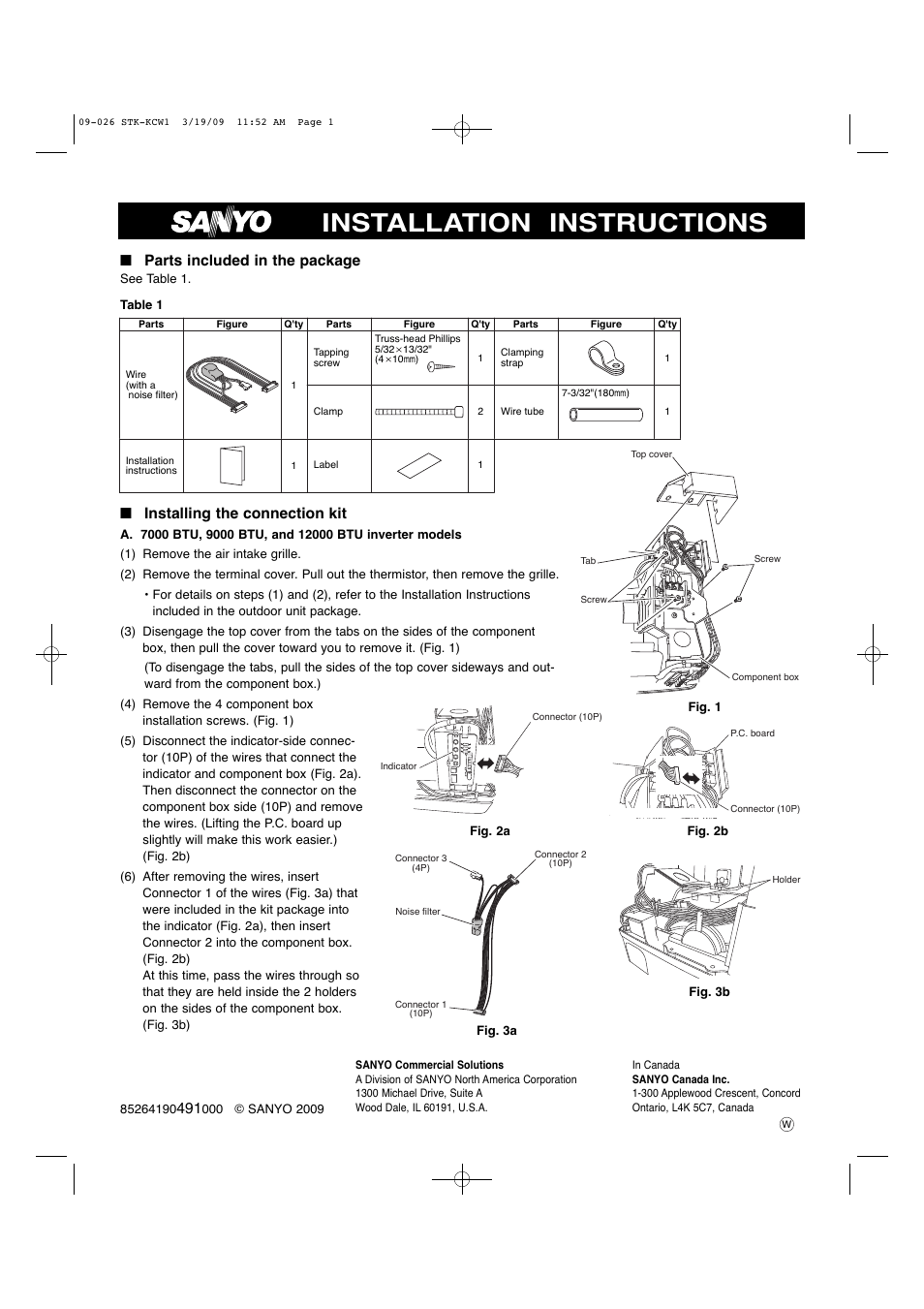 Installation instructions, Installing the connection kit, Parts included in the package | Sanyo STK-RCS-7TWSUA User Manual | Page 25 / 29