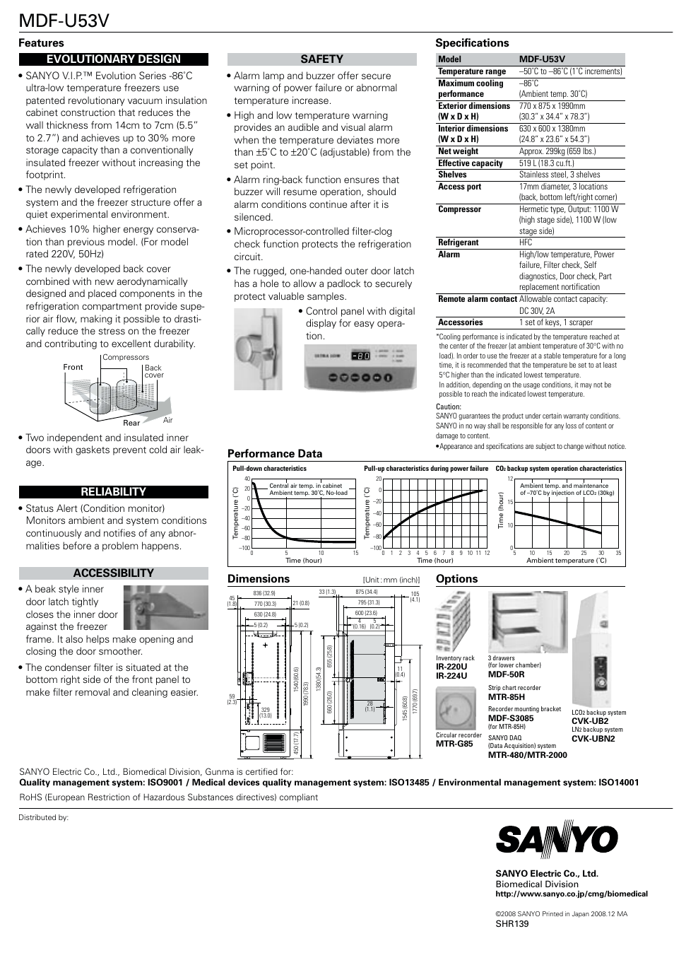 Mdf-u53v, Dimensions, Performance data safety | Options, Accessibility, Reliability, Evolutionary design, Specifications features | Sanyo MDF-U53V User Manual | Page 2 / 2