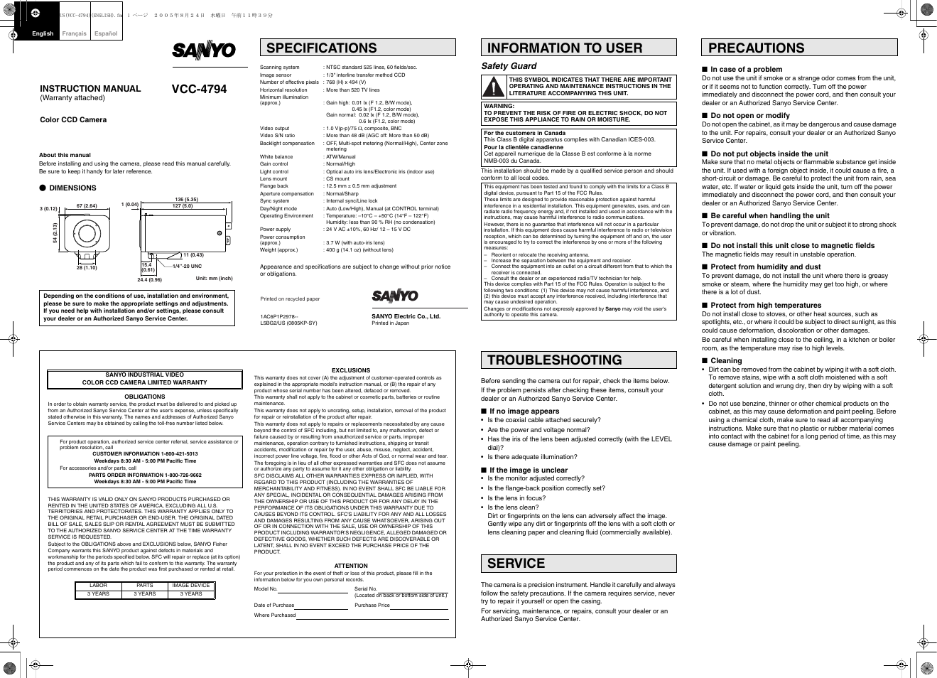 Sanyo VCC-4794 User Manual | 2 pages