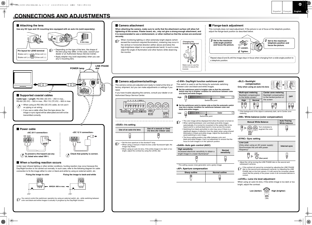 Connections and adjustments | Sanyo VCC-4794 User Manual | Page 2 / 2