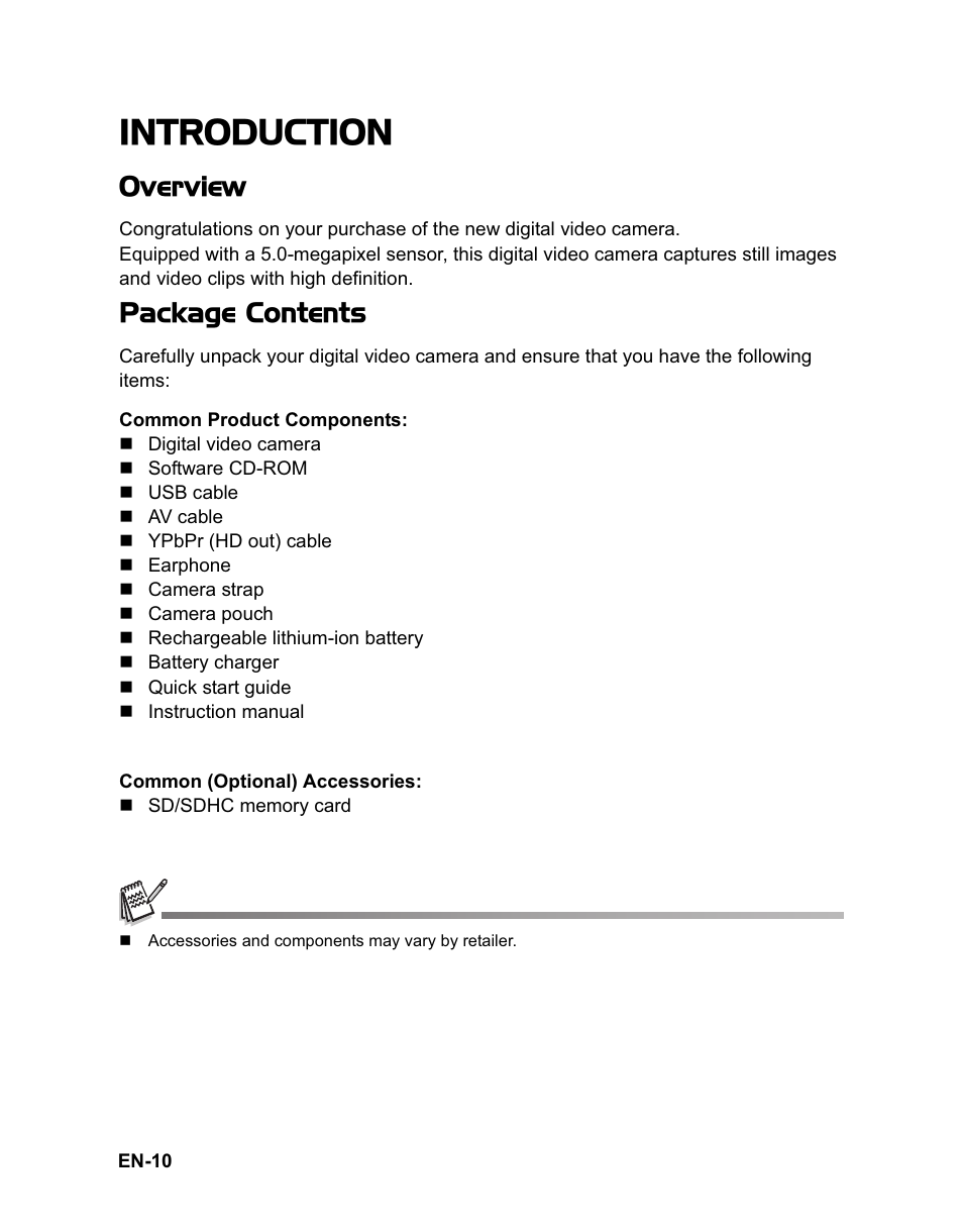 Introduction, Overview, Package contents | Sanyo VPC-HD100 User Manual | Page 11 / 47