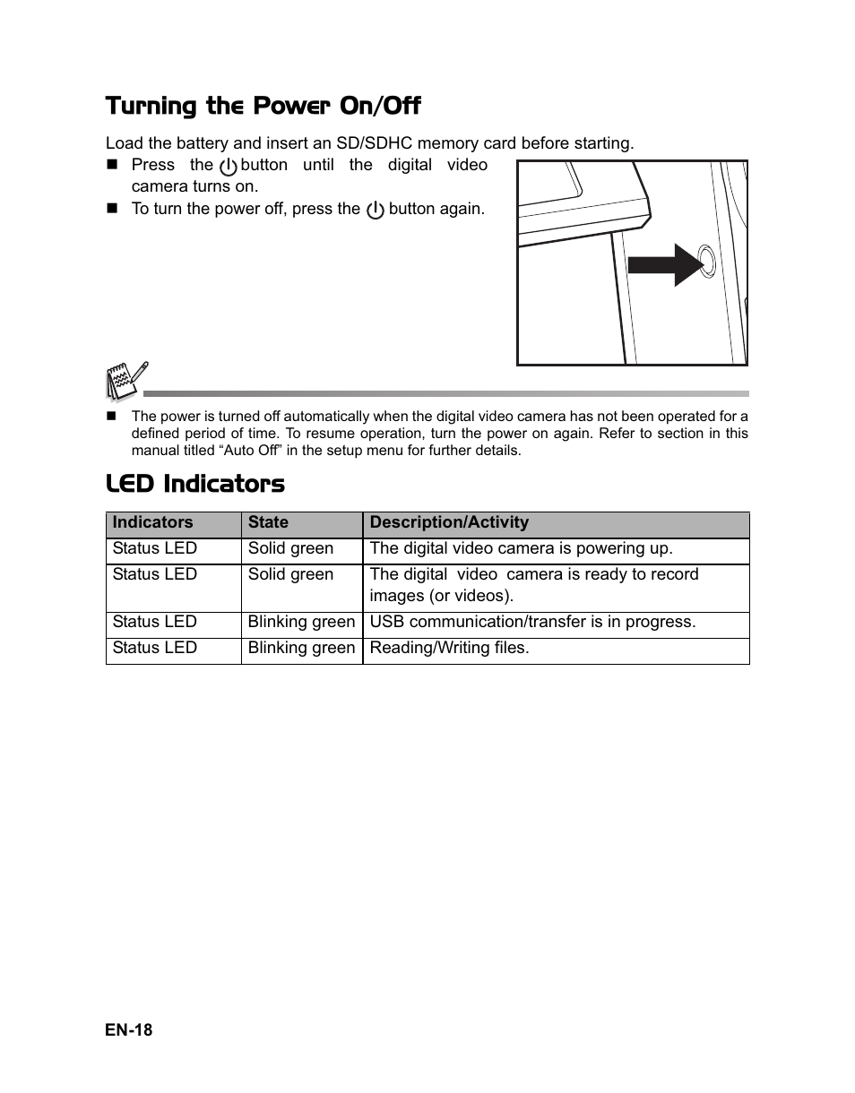 Turning the power on/off, Led indicators | Sanyo VPC-HD100 User Manual | Page 19 / 47