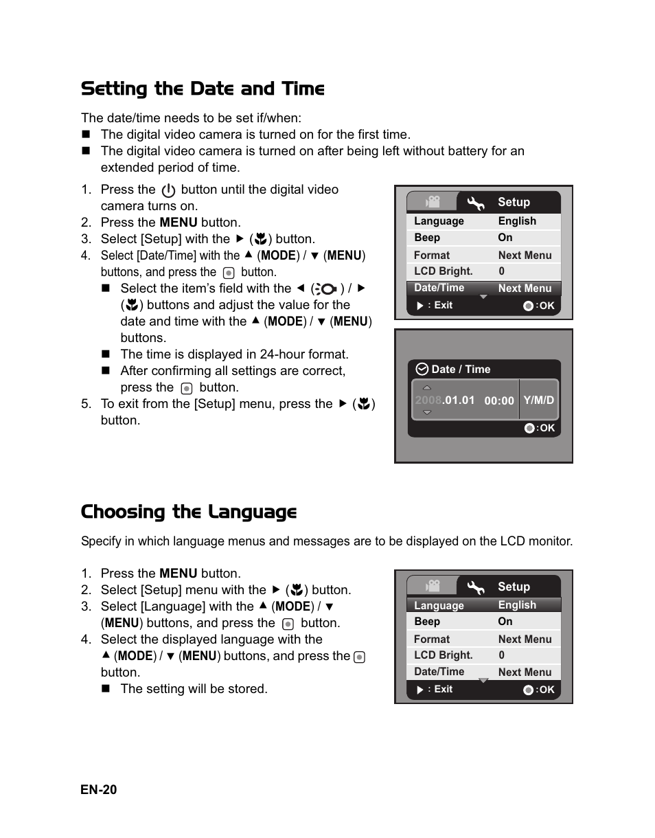 Setting the date and time, Choosing the language | Sanyo VPC-HD100 User Manual | Page 21 / 47