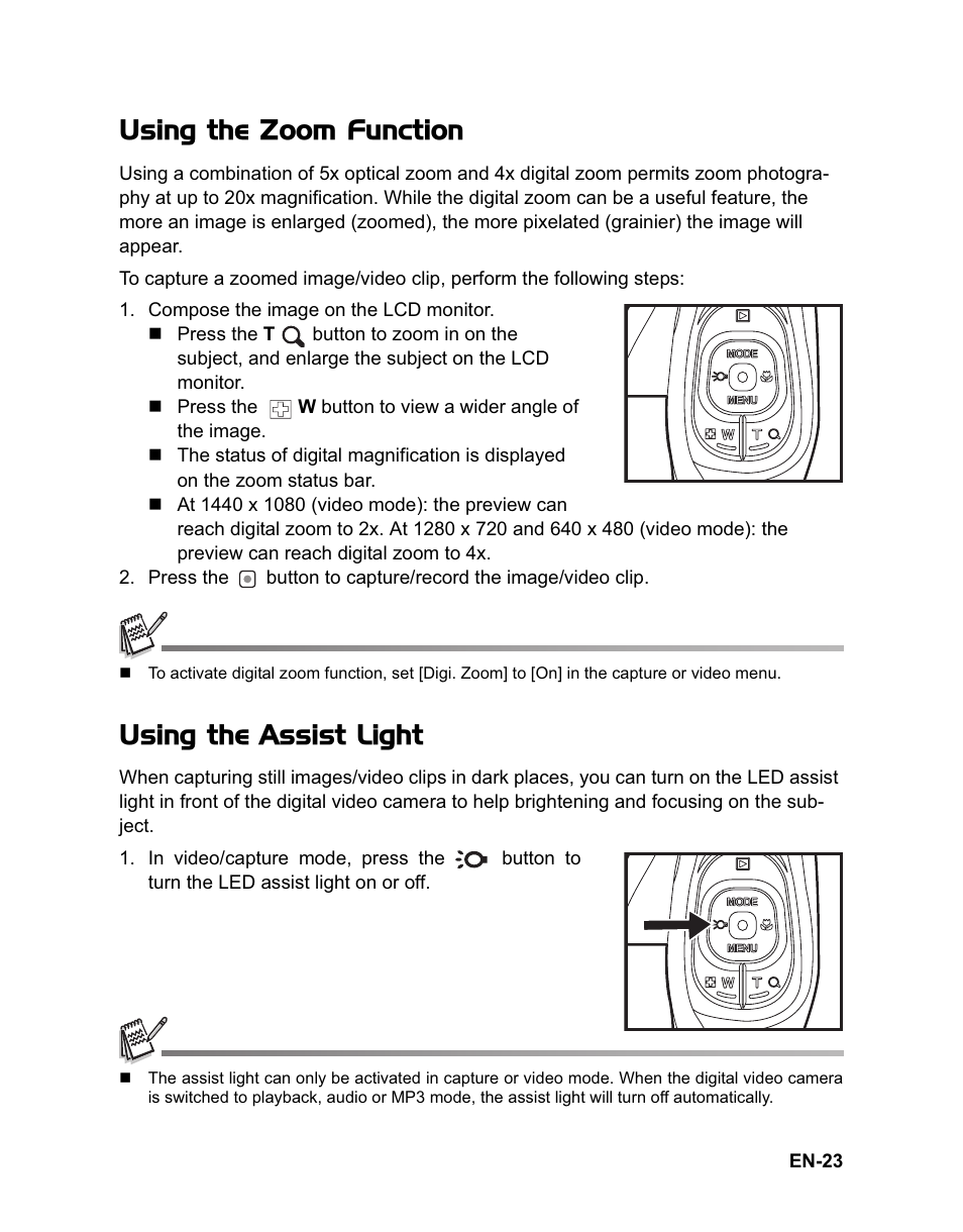 Using the zoom function, Using the assist light | Sanyo VPC-HD100 User Manual | Page 24 / 47