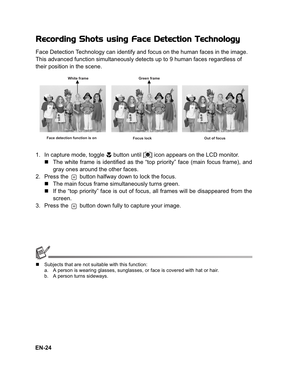 Recording shots using face detection technology | Sanyo VPC-HD100 User Manual | Page 25 / 47