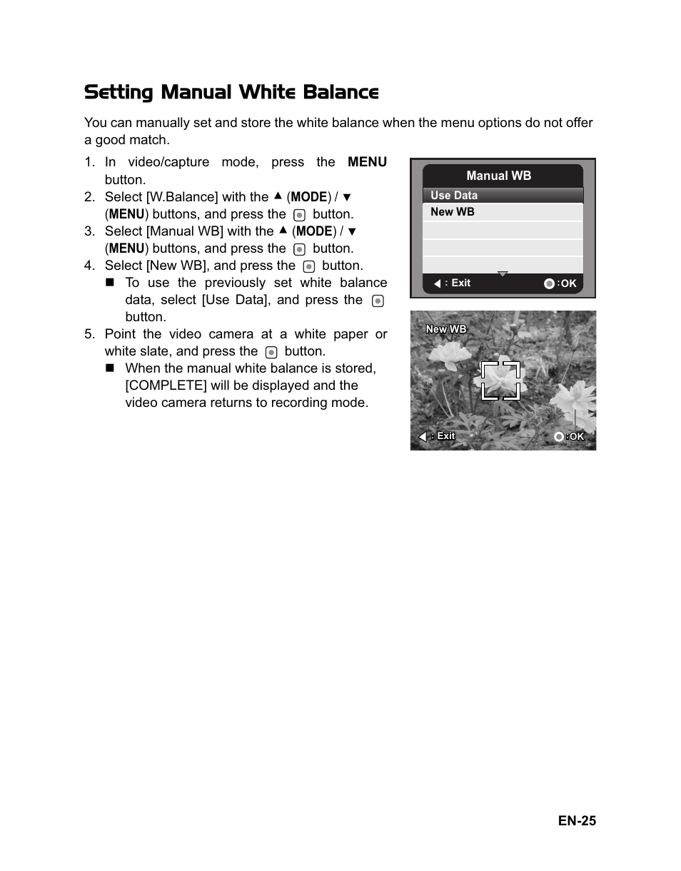 Setting manual white balance | Sanyo VPC-HD100 User Manual | Page 26 / 47