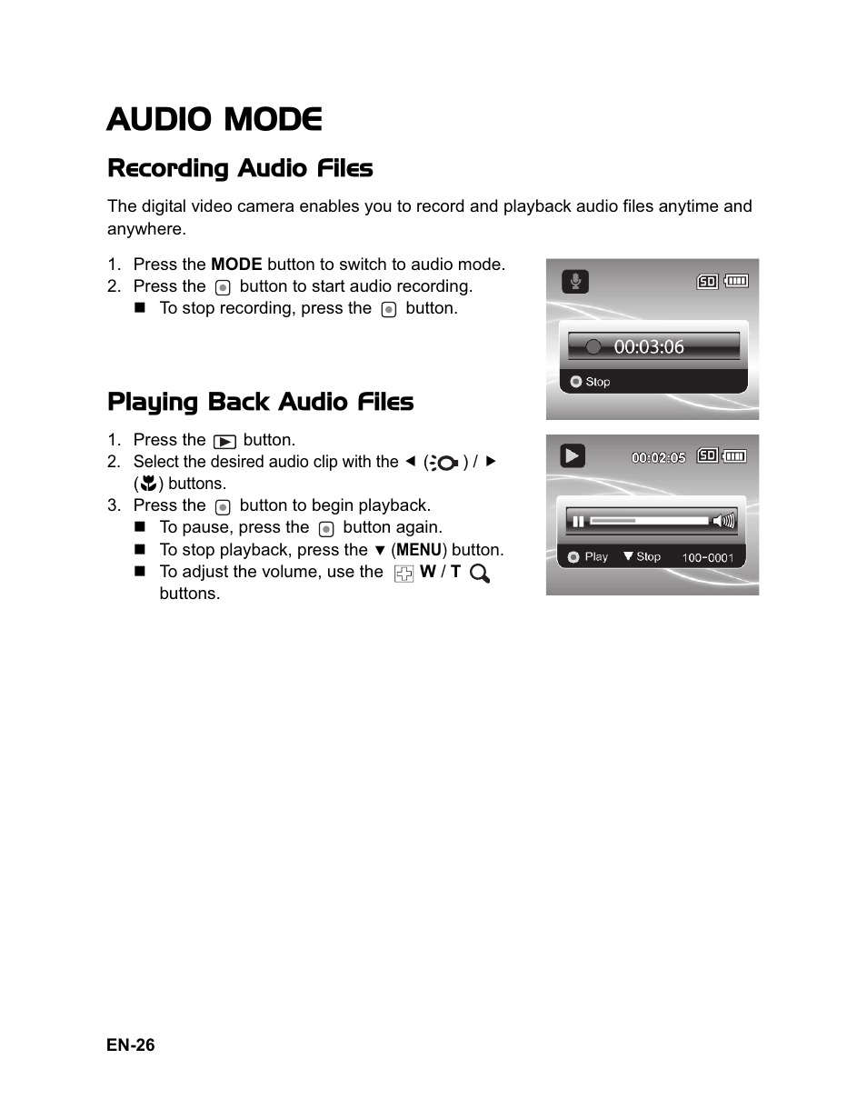 Audio mode, Recording audio files, Playing back audio files | Sanyo VPC-HD100 User Manual | Page 27 / 47