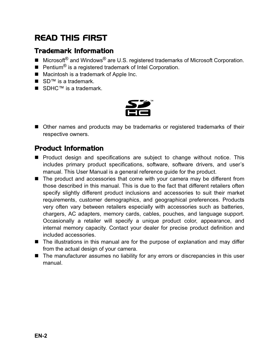 Read this first, Trademark information, Product information | Sanyo VPC-HD100 User Manual | Page 3 / 47