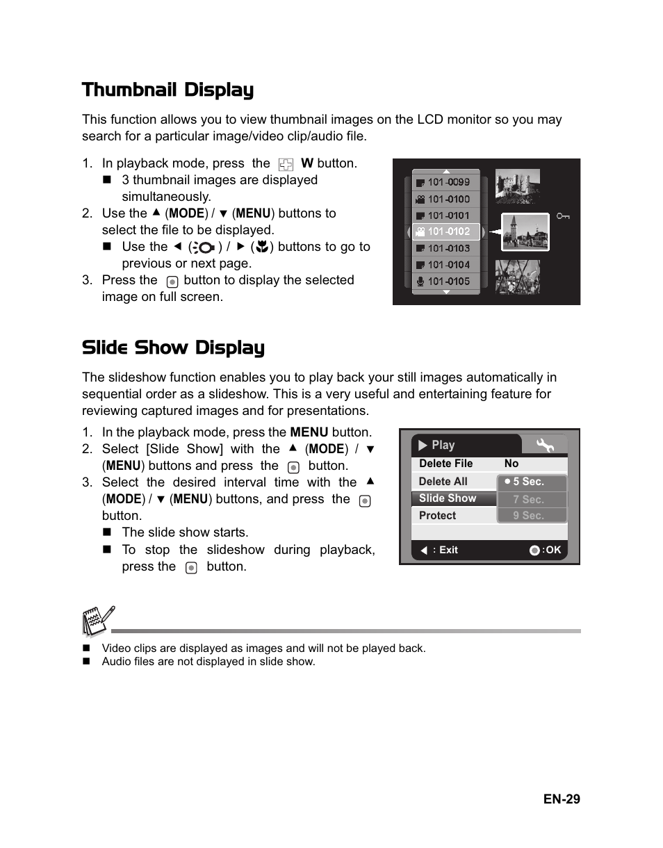 Thumbnail display, Slide show display | Sanyo VPC-HD100 User Manual | Page 30 / 47