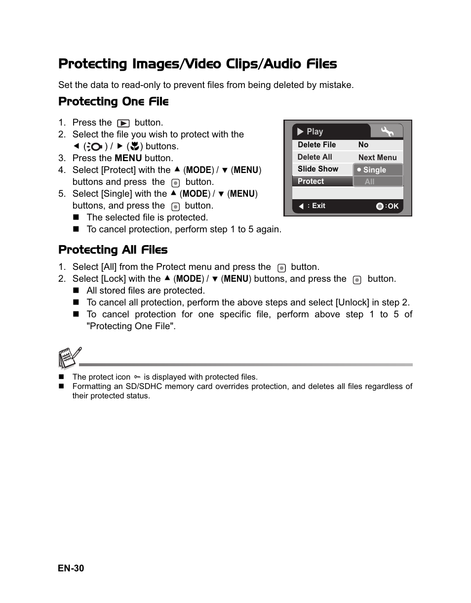 Protecting images/video clips/audio files, Protecting one file, Protecting all files | Sanyo VPC-HD100 User Manual | Page 31 / 47