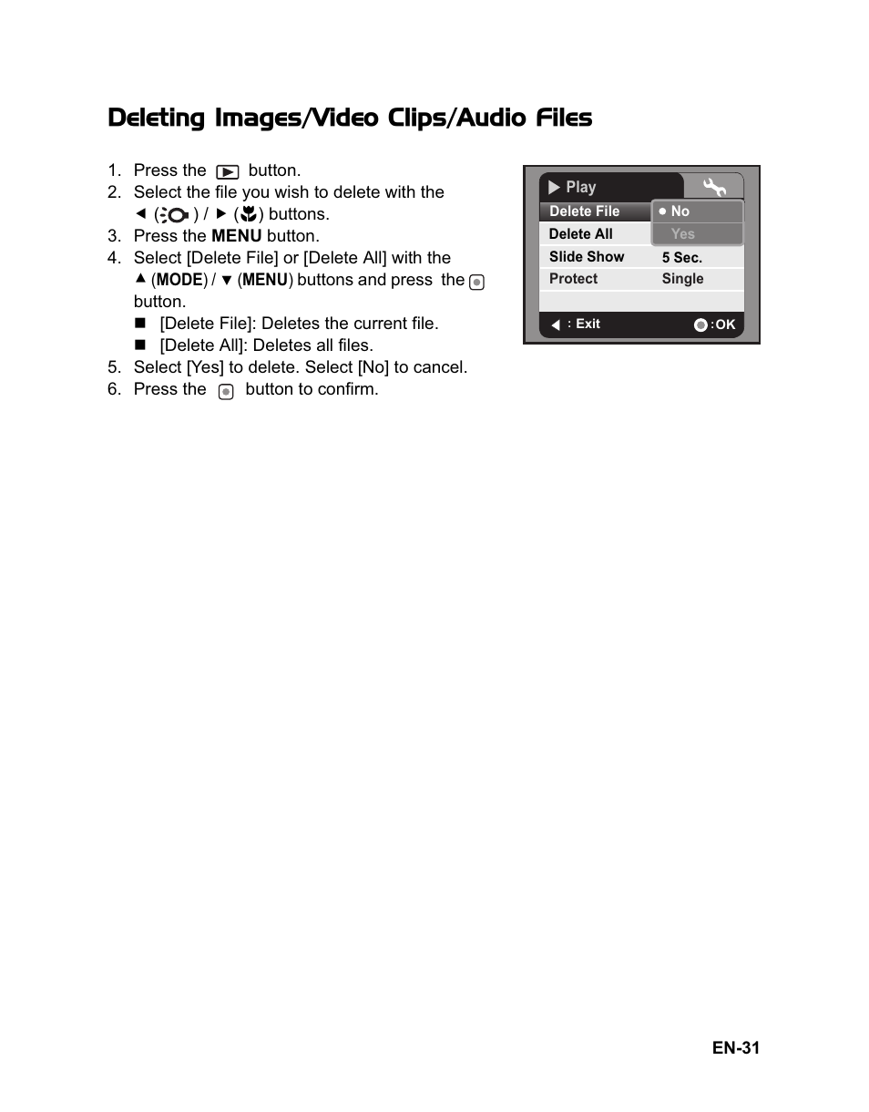 Deleting images/video clips/audio files | Sanyo VPC-HD100 User Manual | Page 32 / 47