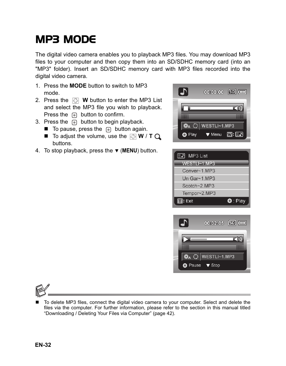 Mp3 mode | Sanyo VPC-HD100 User Manual | Page 33 / 47