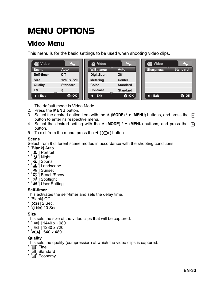 Menu options, Video menu | Sanyo VPC-HD100 User Manual | Page 34 / 47