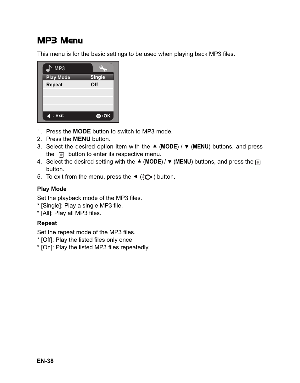 Mp3 menu | Sanyo VPC-HD100 User Manual | Page 39 / 47