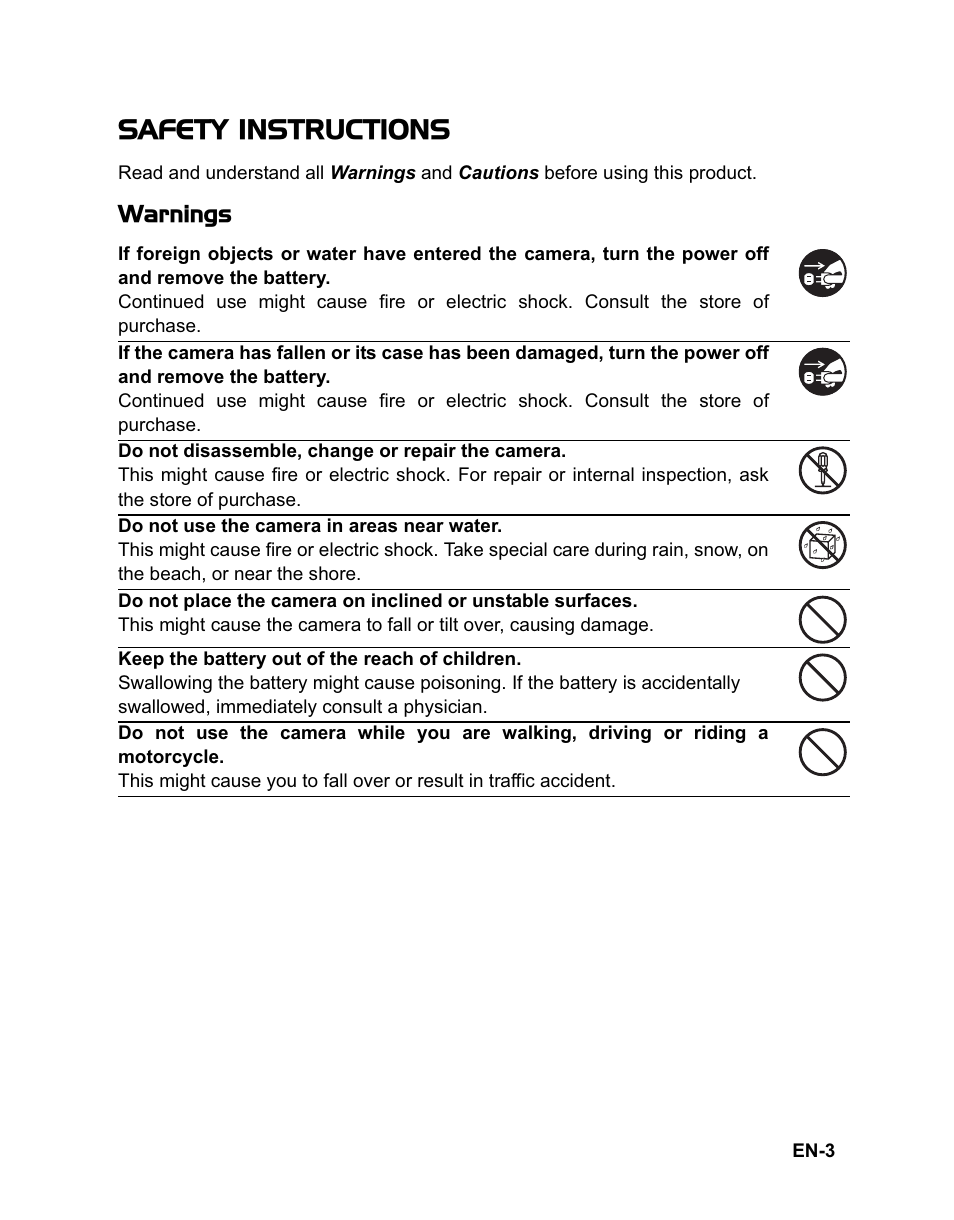 Safety instructions, Warnings | Sanyo VPC-HD100 User Manual | Page 4 / 47