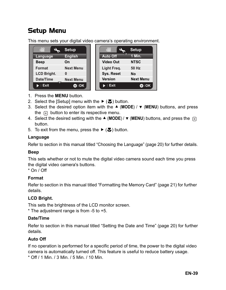 Setup menu | Sanyo VPC-HD100 User Manual | Page 40 / 47