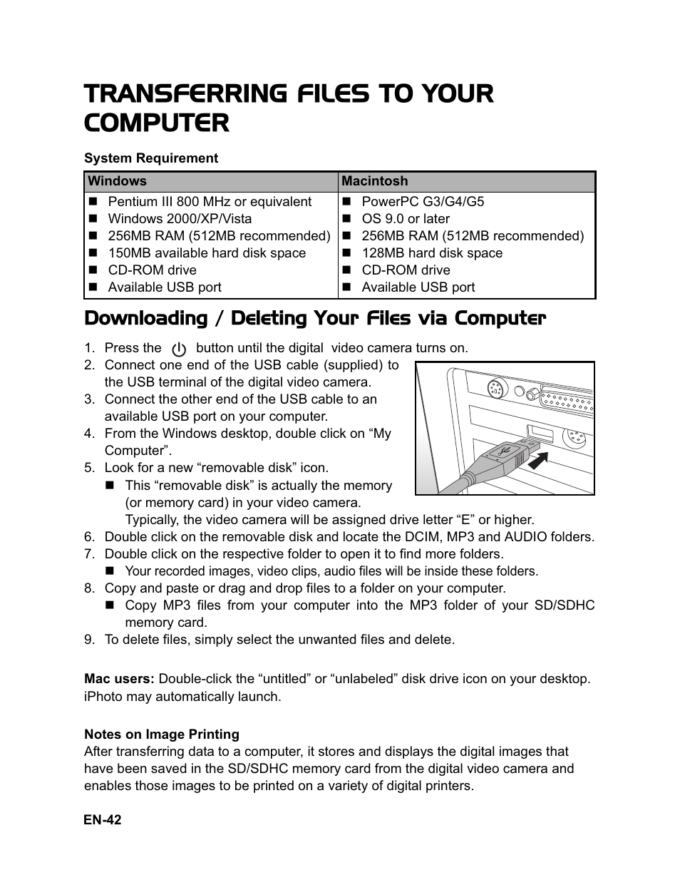 Transferring files to your computer, Downloading / deleting your files via computer | Sanyo VPC-HD100 User Manual | Page 43 / 47
