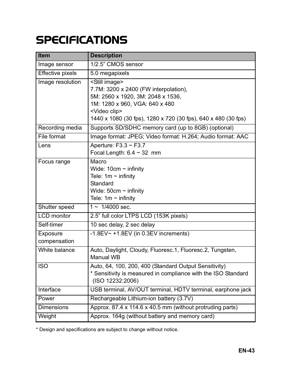 Specifications | Sanyo VPC-HD100 User Manual | Page 44 / 47