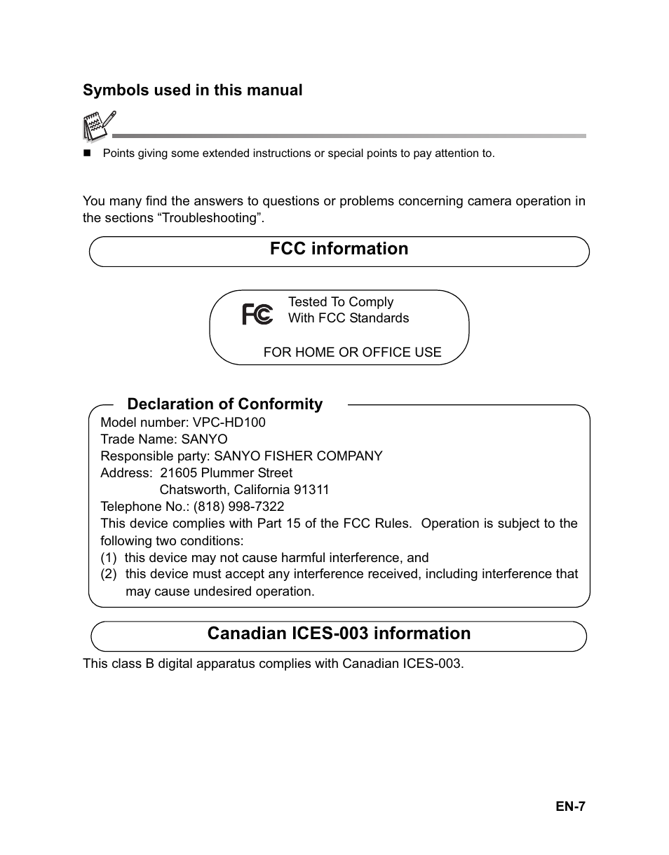 Fcc information, Canadian ices-003 information | Sanyo VPC-HD100 User Manual | Page 8 / 47