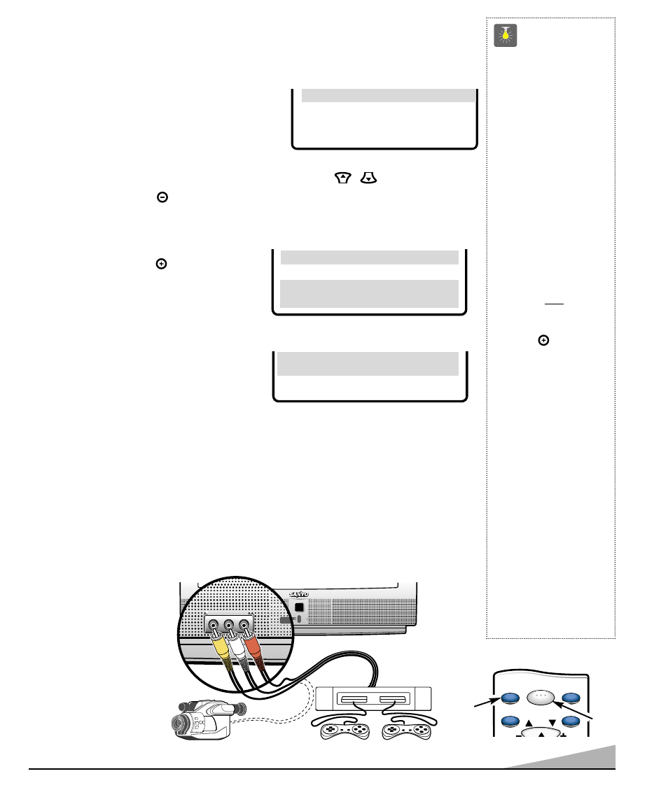 Utilisation des prises d’entrée audio/ vidéo avant, Conseils, Ajout ou élimination de canaux | Choix de la langue d'affichage, Branchement d’un jeux vidéo, Appuyez sur power, De la télécommande | Sanyo AVM-2751S User Manual | Page 25 / 52