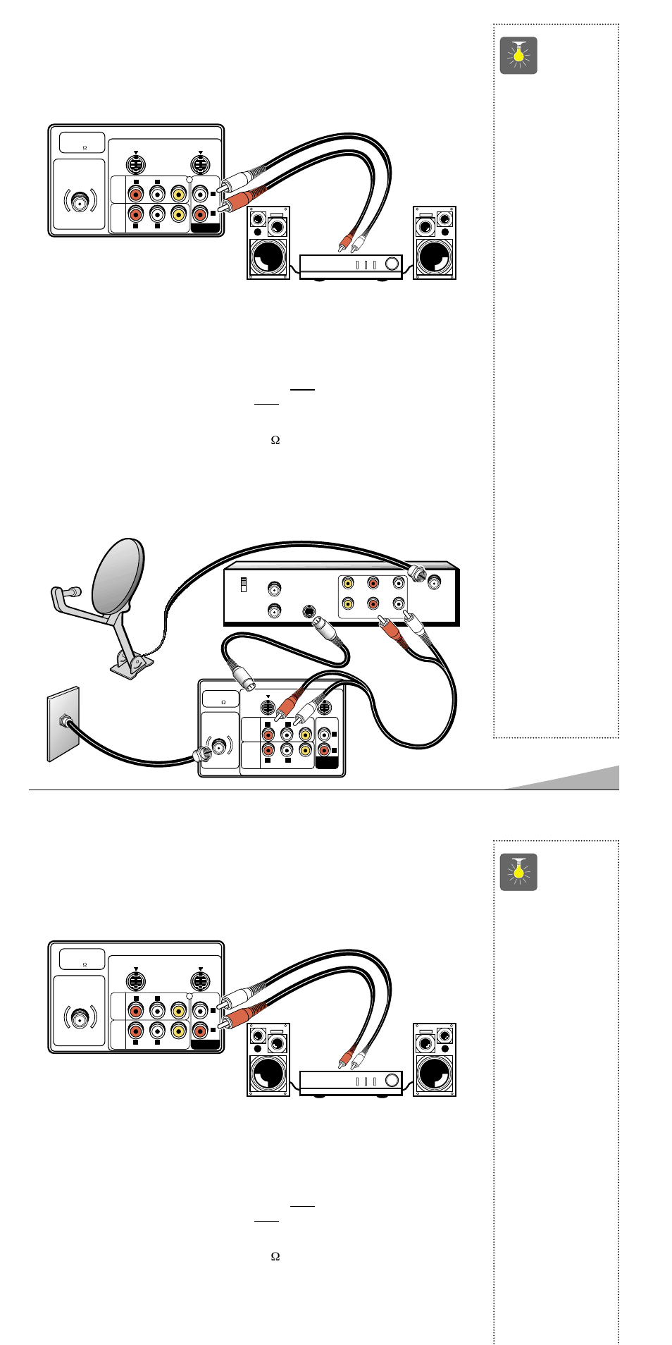 Using the audio output jacks, Quicktips, Using the audio/ video input jacks for pip | Connecting a stereo amplifier to audio out jacks, Connecting a satellite system and cable, Back of tv model avm-3680g stereo amplifier, Connect the tv audio output (r/l), Connect external speakers directly to the tv, Always match cables according to the colors, For right audio | Sanyo AVM-3280G User Manual | Page 13 / 40